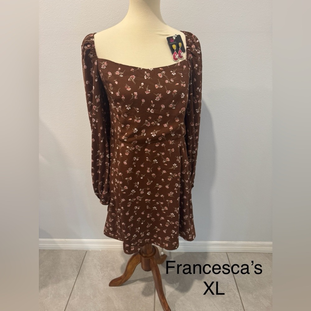 Francesca's Collections Chocolate Floral Long Sleeve Dress